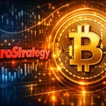 A digital 16:9 illustration showing the red, glossy MicroStrategy logo on the left and a large, golden Bitcoin symbol on the right. The Bitcoin emblem appears three‑dimensional, glowing with circuit‑like patterns and surrounded by luminous orange and gold lines. Behind both elements is a blue digital grid with faint candlestick charts and bar graphs, symbolizing cryptocurrency markets. The composition blends red, gold, and blue tones to convey a high‑tech financial theme.