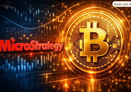 A digital 16:9 illustration showing the red, glossy MicroStrategy logo on the left and a large, golden Bitcoin symbol on the right. The Bitcoin emblem appears three‑dimensional, glowing with circuit‑like patterns and surrounded by luminous orange and gold lines. Behind both elements is a blue digital grid with faint candlestick charts and bar graphs, symbolizing cryptocurrency markets. The composition blends red, gold, and blue tones to convey a high‑tech financial theme.