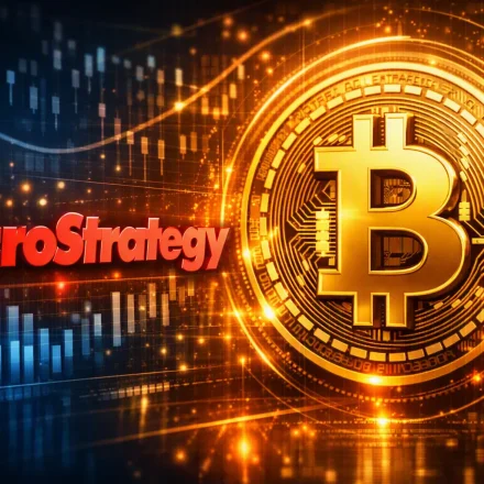 A digital 16:9 illustration showing the red, glossy MicroStrategy logo on the left and a large, golden Bitcoin symbol on the right. The Bitcoin emblem appears three‑dimensional, glowing with circuit‑like patterns and surrounded by luminous orange and gold lines. Behind both elements is a blue digital grid with faint candlestick charts and bar graphs, symbolizing cryptocurrency markets. The composition blends red, gold, and blue tones to convey a high‑tech financial theme.