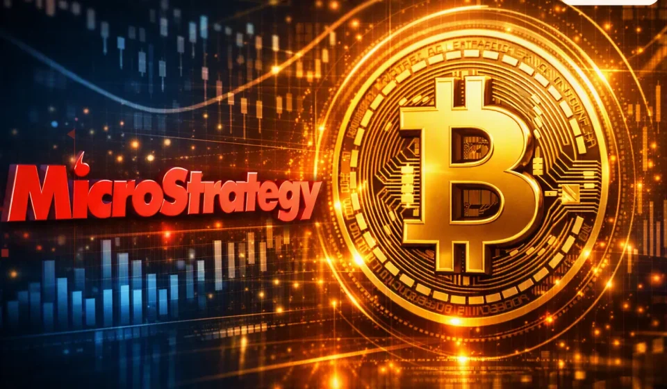 A digital 16:9 illustration showing the red, glossy MicroStrategy logo on the left and a large, golden Bitcoin symbol on the right. The Bitcoin emblem appears three‑dimensional, glowing with circuit‑like patterns and surrounded by luminous orange and gold lines. Behind both elements is a blue digital grid with faint candlestick charts and bar graphs, symbolizing cryptocurrency markets. The composition blends red, gold, and blue tones to convey a high‑tech financial theme.