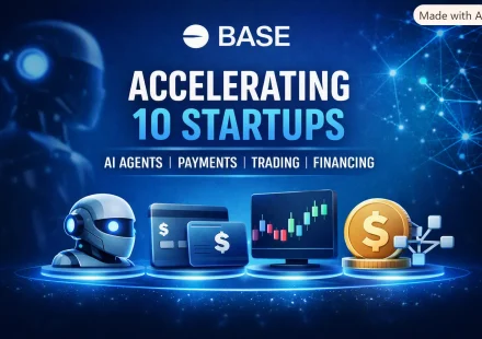 A digital promotional banner for Base’s startup accelerator. The image shows a blue gradient background with a faint robotic silhouette on the left and a glowing network of nodes on the right. Centered text reads “BASE — Accelerating 10 Startups” followed by “AI Agents | Payments | Trading | Financing.” Below the text are four glowing icons: a robot head, a credit card, a trading chart, and a coin with a dollar symbol, representing the accelerator’s focus areas.