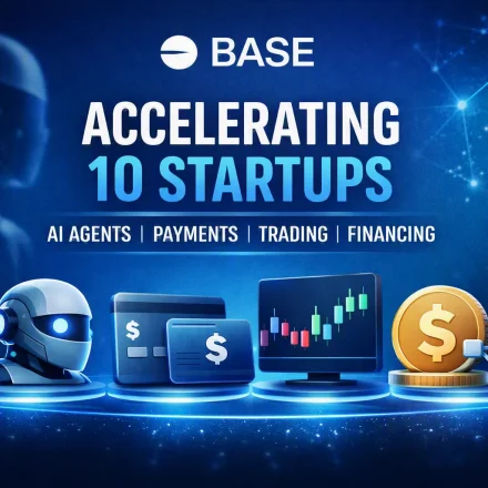 A digital promotional banner for Base’s startup accelerator. The image shows a blue gradient background with a faint robotic silhouette on the left and a glowing network of nodes on the right. Centered text reads “BASE — Accelerating 10 Startups” followed by “AI Agents | Payments | Trading | Financing.” Below the text are four glowing icons: a robot head, a credit card, a trading chart, and a coin with a dollar symbol, representing the accelerator’s focus areas.
