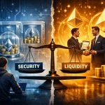 "Digital illustration showing Ethereum builders’ liquidity dilemma. On the left, a developer sits before glowing vaults of locked Ethereum coins labeled ‘Security.’ On the right, two brokers shake hands under golden Ethereum logos labeled ‘Liquidity.’ A central scale balances between the two sides, symbolizing the trade‑off between locking capital and trusting intermediaries.”