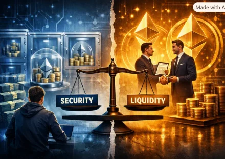 "Digital illustration showing Ethereum builders’ liquidity dilemma. On the left, a developer sits before glowing vaults of locked Ethereum coins labeled ‘Security.’ On the right, two brokers shake hands under golden Ethereum logos labeled ‘Liquidity.’ A central scale balances between the two sides, symbolizing the trade‑off between locking capital and trusting intermediaries.”