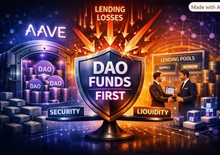 “Digital illustration showing the Aave V4 proposal where DAO funds absorb lending losses first. A central shield labeled ‘DAO Funds First’ deflects red arrows marked ‘Lending Losses.’ On the left, the Aave logo glows above a vault of DAO tokens, symbolizing community reserves. On the right, a lending platform displays ‘Supply’ and ‘Borrow’ screens beside stacks of coins and smart‑contract cubes. The scene uses purple and blue tones with red sparks at the shield’s impact point.”