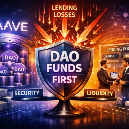 “Digital illustration showing the Aave V4 proposal where DAO funds absorb lending losses first. A central shield labeled ‘DAO Funds First’ deflects red arrows marked ‘Lending Losses.’ On the left, the Aave logo glows above a vault of DAO tokens, symbolizing community reserves. On the right, a lending platform displays ‘Supply’ and ‘Borrow’ screens beside stacks of coins and smart‑contract cubes. The scene uses purple and blue tones with red sparks at the shield’s impact point.”