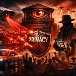 “Dystopian digital illustration depicting AI‑powered license plate surveillance. A glowing red camera labeled ‘AI’ scans a car, projecting multiple license plate numbers in laser lines. In the center, a giant watchtower eye looms above protesters holding a cracked shield marked ‘PRIVACY.’ To the right, a shadowy figure in a trench coat holds a tablet showing vehicle data, while drones and barbed wire fill the background under a red‑black sky. The scene symbolizes mass tracking, loss of privacy, and resistance to the surveillance state.”