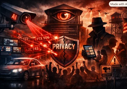 “Dystopian digital illustration depicting AI‑powered license plate surveillance. A glowing red camera labeled ‘AI’ scans a car, projecting multiple license plate numbers in laser lines. In the center, a giant watchtower eye looms above protesters holding a cracked shield marked ‘PRIVACY.’ To the right, a shadowy figure in a trench coat holds a tablet showing vehicle data, while drones and barbed wire fill the background under a red‑black sky. The scene symbolizes mass tracking, loss of privacy, and resistance to the surveillance state.”